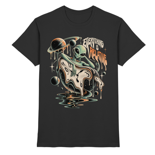 Schwarzes T-Shirt mit Alien, zerfließende Uhr und Planeten mit Everything Is Relative