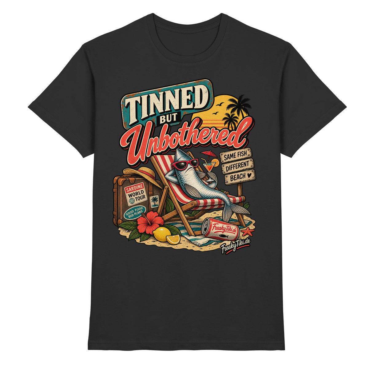 Tinned but Unbothered – Sardines, Tinned Fish T-Shirt schwarz Produktansicht