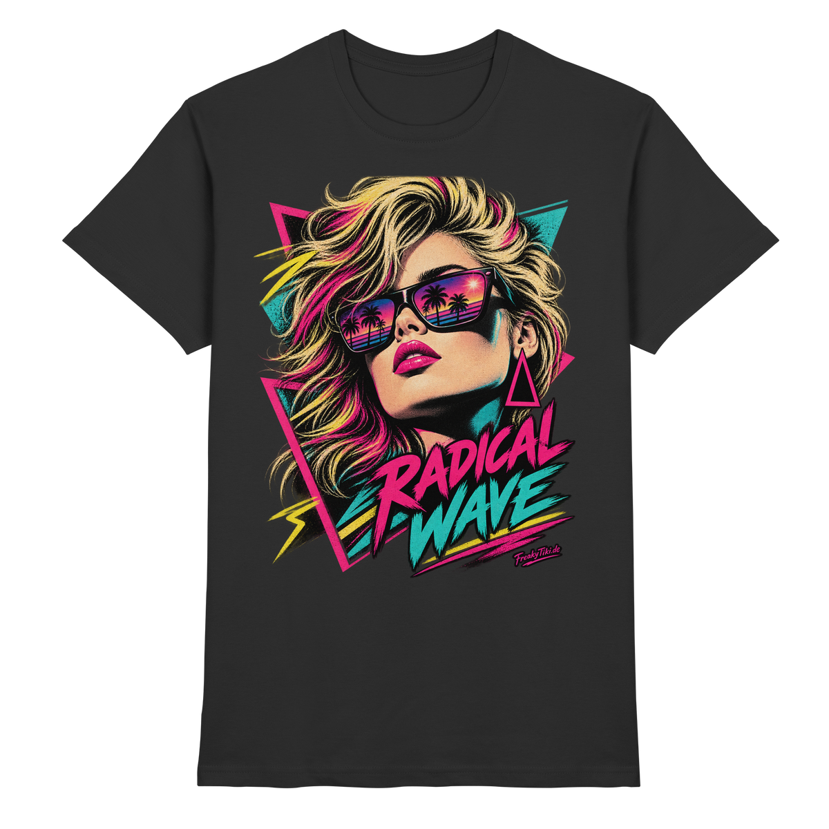 Schwarzes T-Shirt mit Retro-Frauenporträt mit Sonnenbrille und Neonformen mit Radical Wave