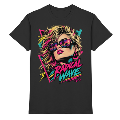 Schwarzes T-Shirt mit Retro-Frauenporträt mit Sonnenbrille und Neonformen mit Radical Wave