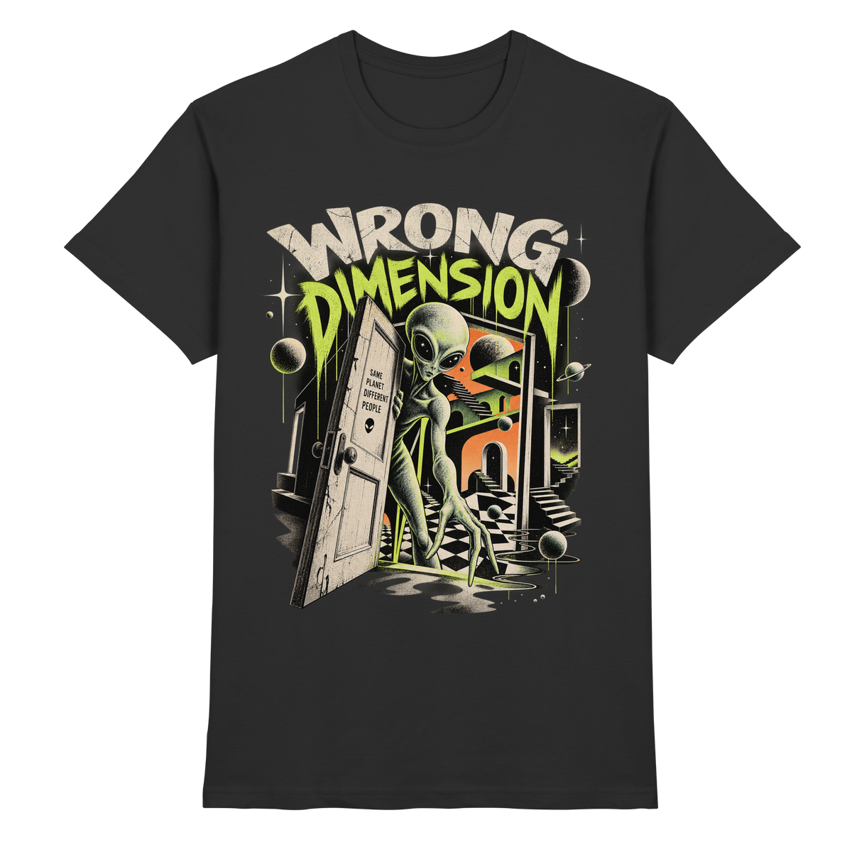 Schwarzes T-Shirt mit Alien an einer offenen Portaltür mit Wrong Dimension