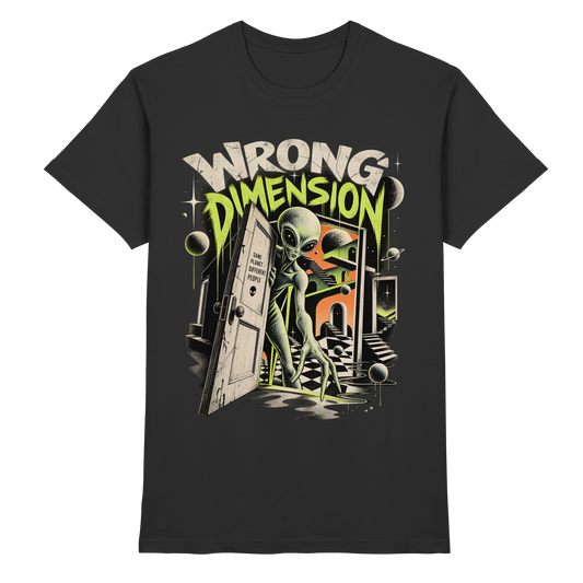 Schwarzes T-Shirt mit Alien an einer offenen Portaltür mit Wrong Dimension