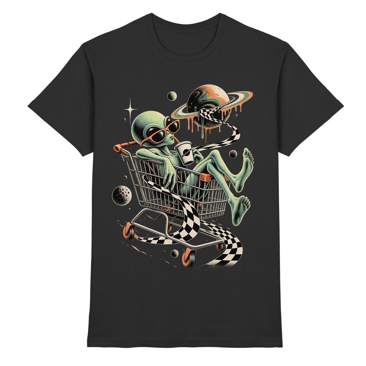 Schwarzes T-Shirt mit Alien im Einkaufswagen mit Planeten und Schachbrettband
