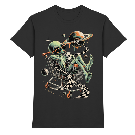 Schwarzes T-Shirt mit Alien im Einkaufswagen mit Planeten und Schachbrettband