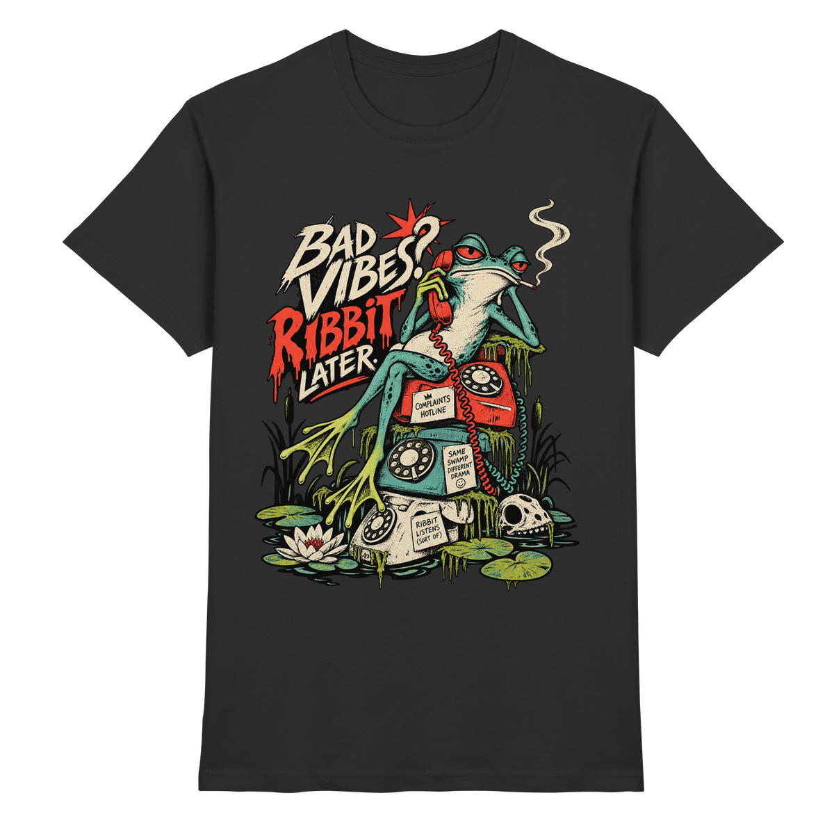 Schwarzes Unisex-T-Shirt mit Bad Vibes Rabbit Later Froschmotiv
