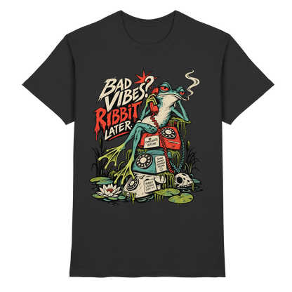 Schwarzes Unisex-T-Shirt mit Bad Vibes Rabbit Later Froschmotiv