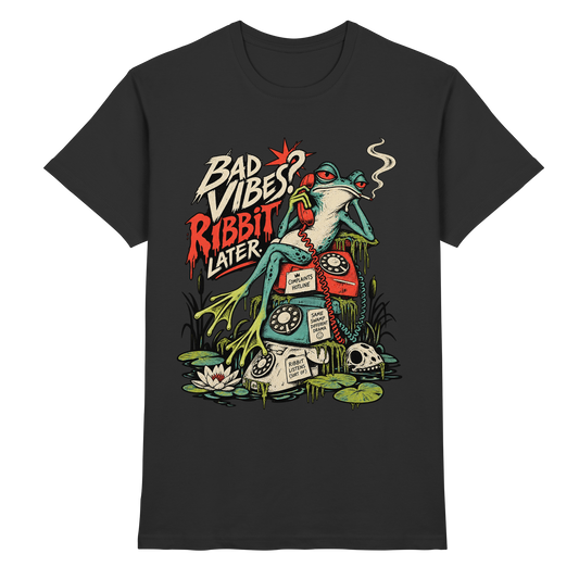 Schwarzes Unisex-T-Shirt mit Bad Vibes Rabbit Later Froschmotiv