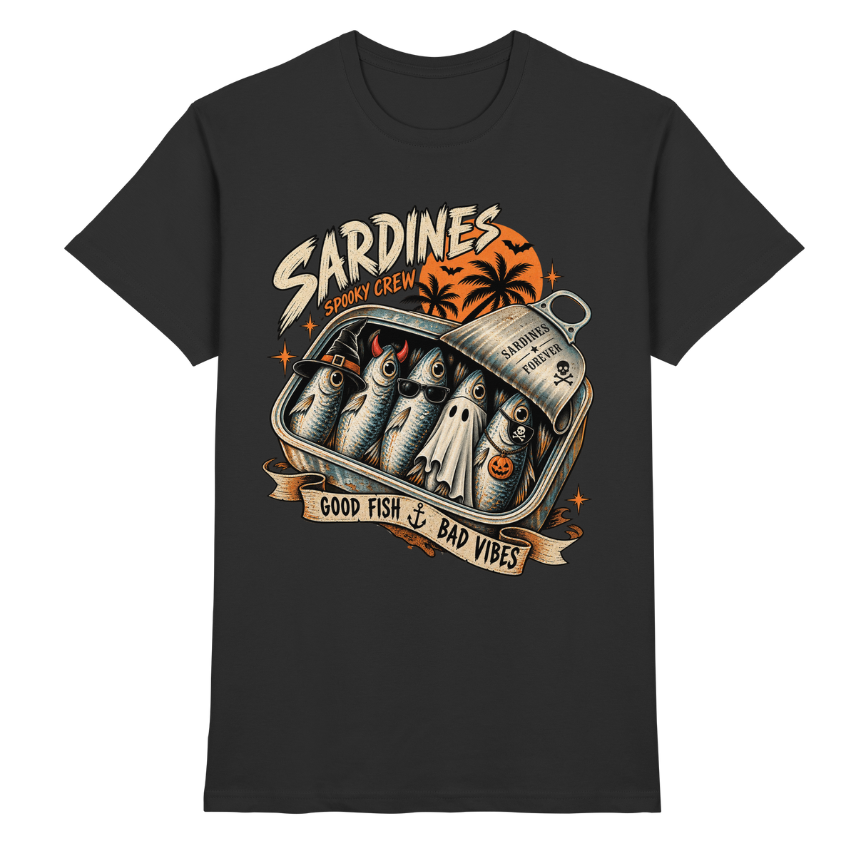 Schwarzes T-Shirt mit Sardines Spooky Crew – geisterhafte Sardinen in einer Dose mit Fledermäusen und Palmen