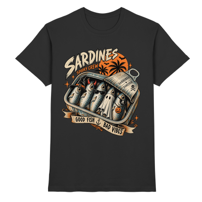 Schwarzes T-Shirt mit Sardines Spooky Crew – geisterhafte Sardinen in einer Dose mit Fledermäusen und Palmen