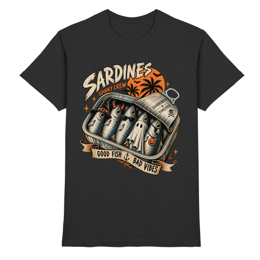 Schwarzes T-Shirt mit Sardines Spooky Crew – geisterhafte Sardinen in einer Dose mit Fledermäusen und Palmen