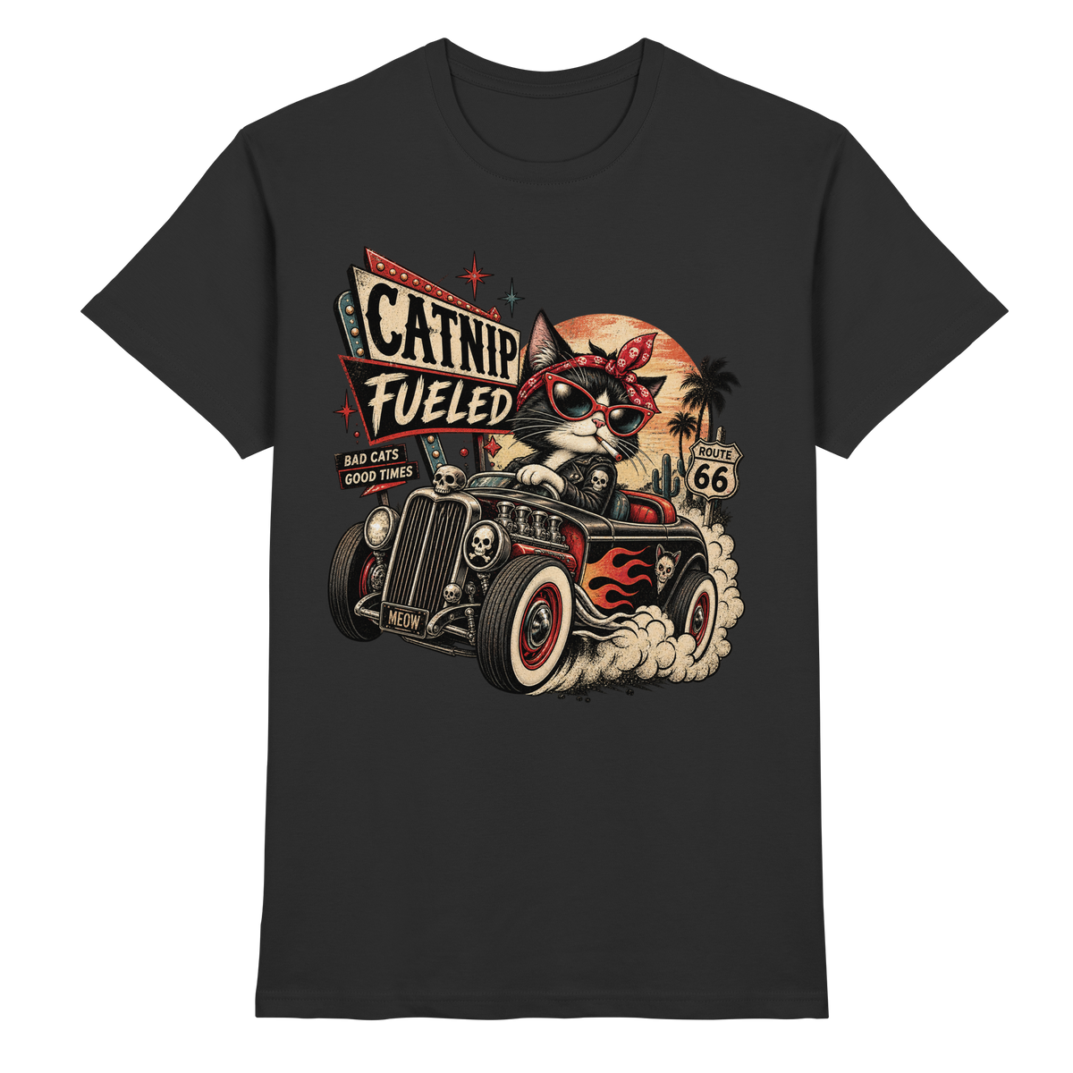 Schwarzes Unisex-T-Shirt mit Catnip Fueled Retro-Katzenmotiv