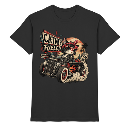 Schwarzes Unisex-T-Shirt mit Catnip Fueled Retro-Katzenmotiv