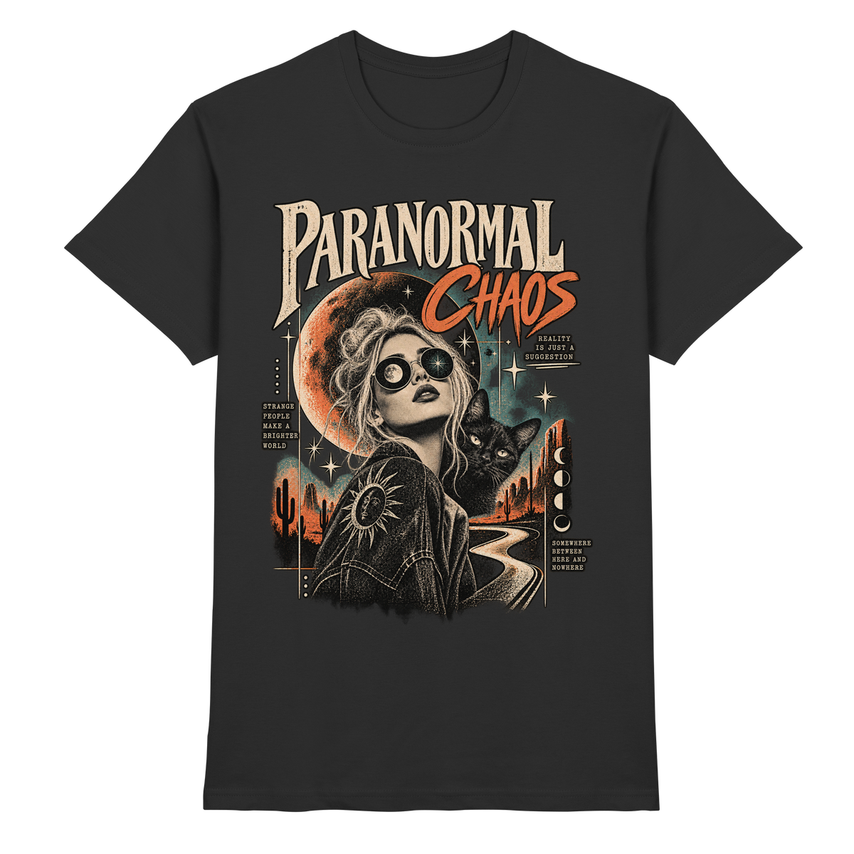 Schwarzes T-Shirt mit Paranormal Chaos – Retro-Frauenporträt, Himmelskörper und Wüstenstraße