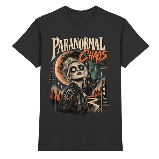 Schwarzes T-Shirt mit Paranormal Chaos – Retro-Frauenporträt, Himmelskörper und Wüstenstraße