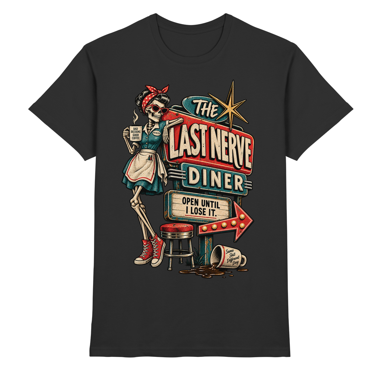 Schwarzes T-Shirt mit Skelett-Kellnerin und Retro-Diner-Schild mit The Last Nerve Diner