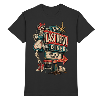 Schwarzes T-Shirt mit Skelett-Kellnerin und Retro-Diner-Schild mit The Last Nerve Diner