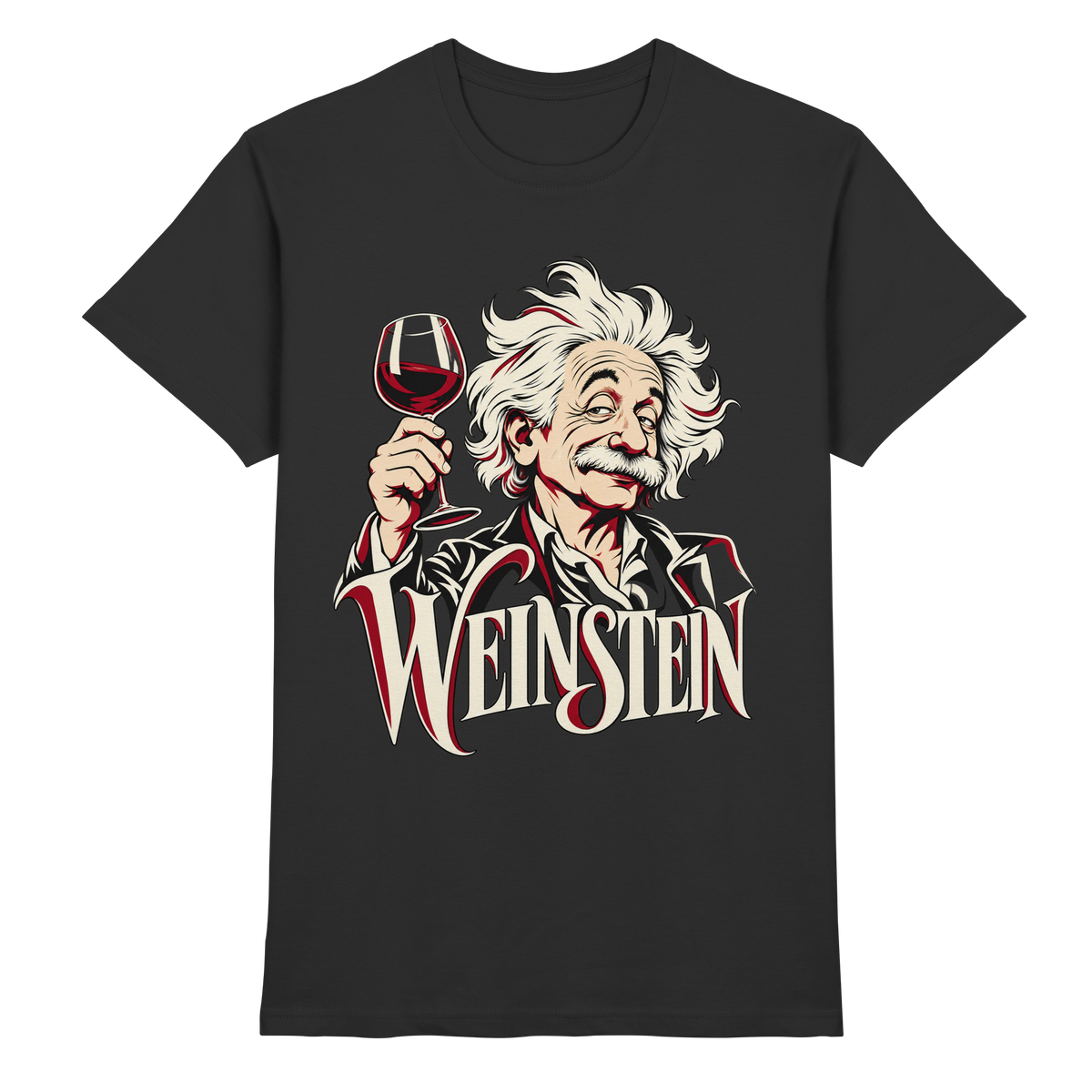 Schwarzes T-Shirt mit Einstein-Karikatur, erhobenem Rotweinglas und „Weinstein“-Schriftzug – Vorderansicht
