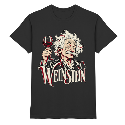 Schwarzes T-Shirt mit Einstein-Karikatur, erhobenem Rotweinglas und „Weinstein“-Schriftzug – Vorderansicht