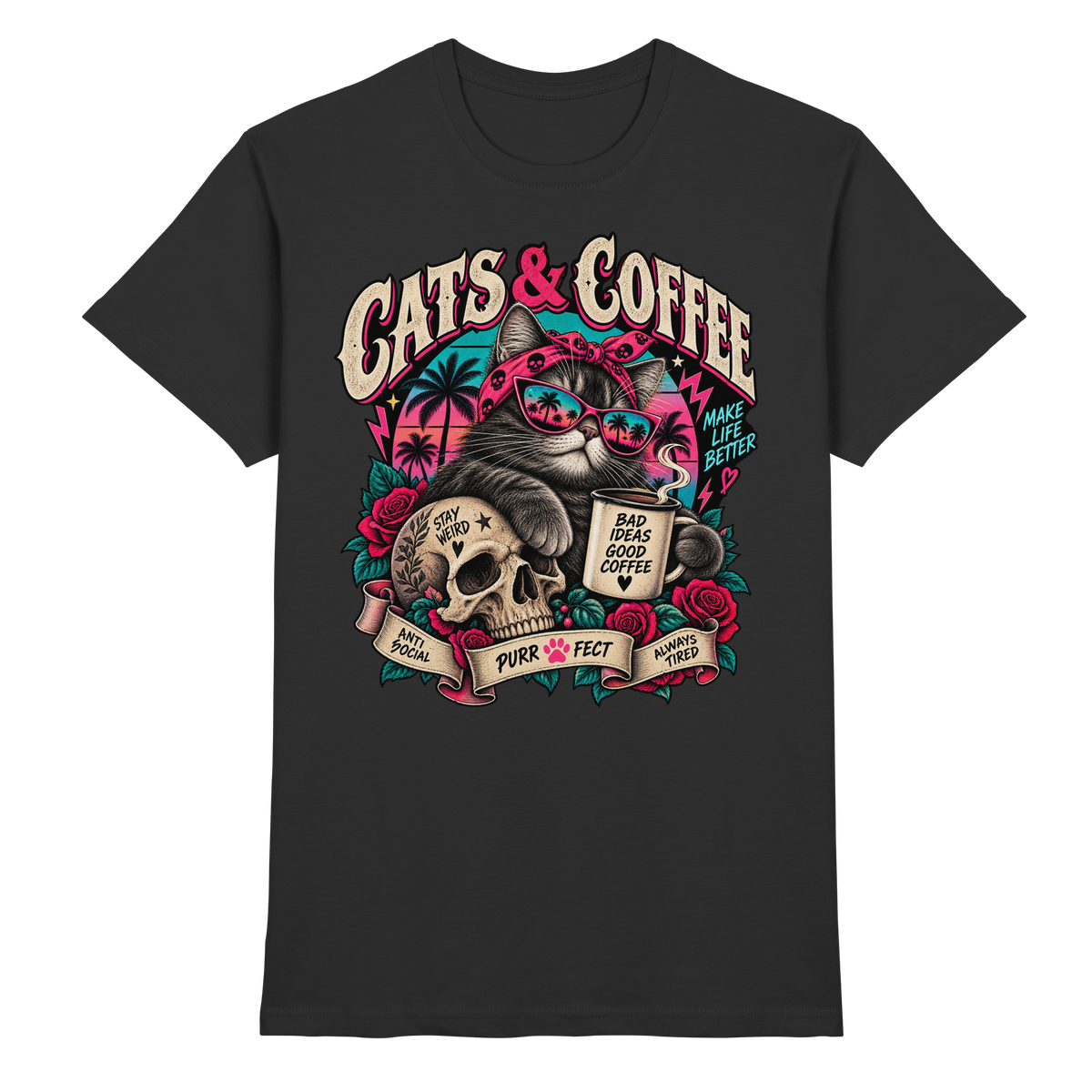 Cats & Coffee – Retro Katze mit Skull T-Shirt schwarz Produktansicht