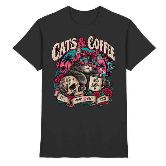 Cats & Coffee – Retro Katze mit Skull T-Shirt schwarz Produktansicht