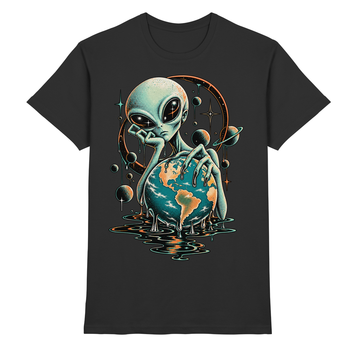 Schwarzes T-Shirt mit Alien mit schmelzender Erdkugel und umlaufenden Planeten
