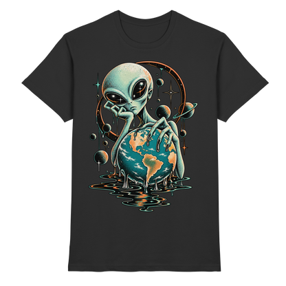Schwarzes T-Shirt mit Alien mit schmelzender Erdkugel und umlaufenden Planeten