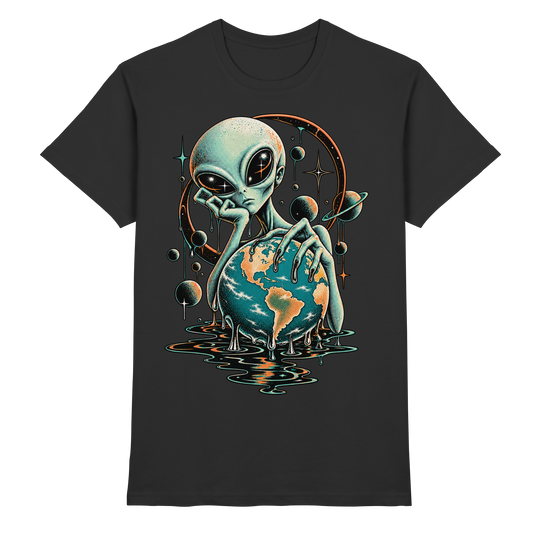 Schwarzes T-Shirt mit Alien mit schmelzender Erdkugel und umlaufenden Planeten