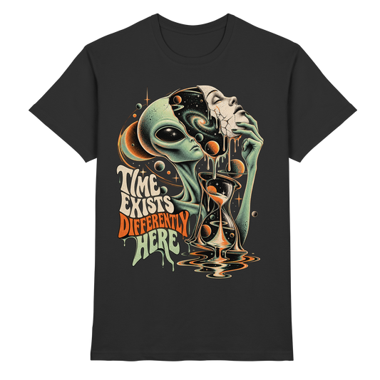 Schwarzes T-Shirt mit Alien, menschliches Gesicht und Sanduhr mit Time Exists Differently Here