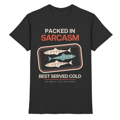 Schwarzes T-Shirt mit Packed in Sarcasm Sardinen Retro-Motiv