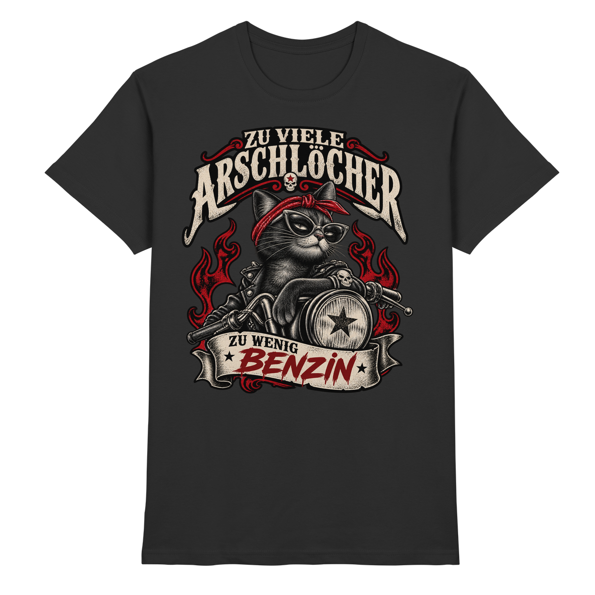 Zu viele Arschlöcher, zu wenig Benzin – Biker Cat T-Shirt schwarz Produktansicht