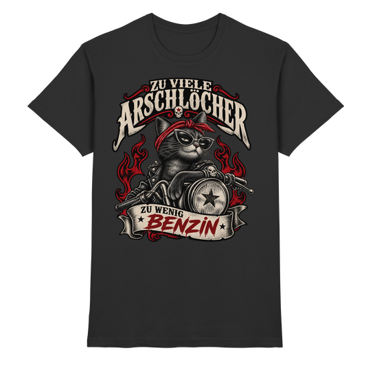 Zu viele Arschlöcher, zu wenig Benzin – Biker Cat T-Shirt schwarz Produktansicht