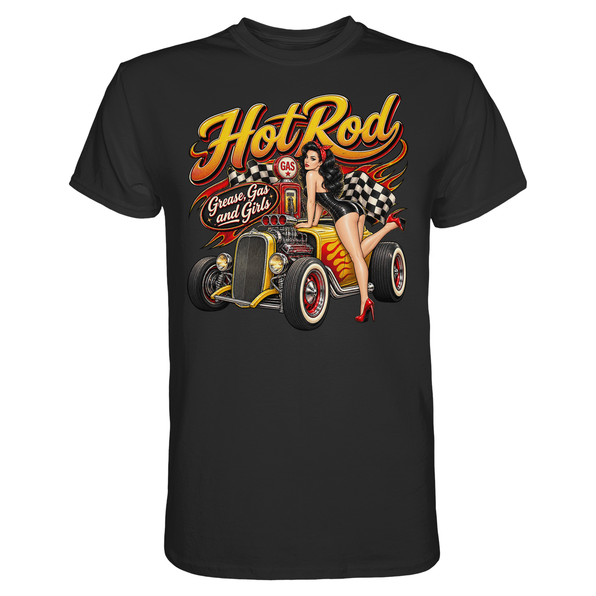 Hot Rod Grease Gas and Girls Rockabilly Pin-up T-Shirt schwarz