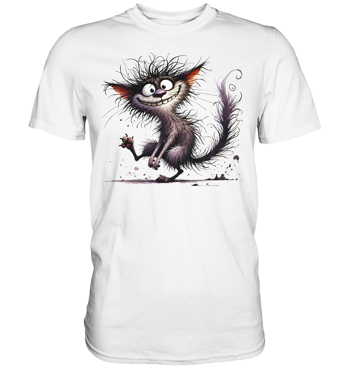 Weißes T-Shirt mit frechem Grinsekatzen-Motiv – verrücktes Katzen-Design auf weißem Shirt in Regular Fit, Vorderansicht