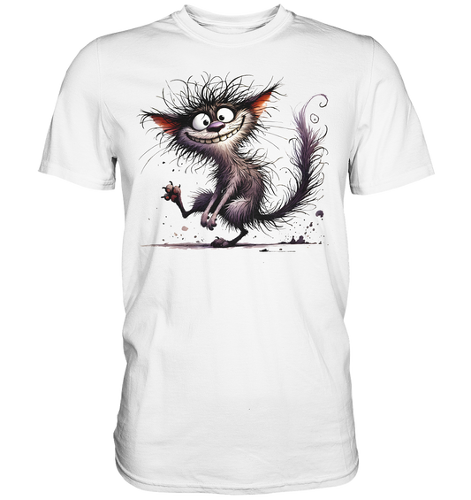 Weißes T-Shirt mit frechem Grinsekatzen-Motiv – verrücktes Katzen-Design auf weißem Shirt in Regular Fit, Vorderansicht