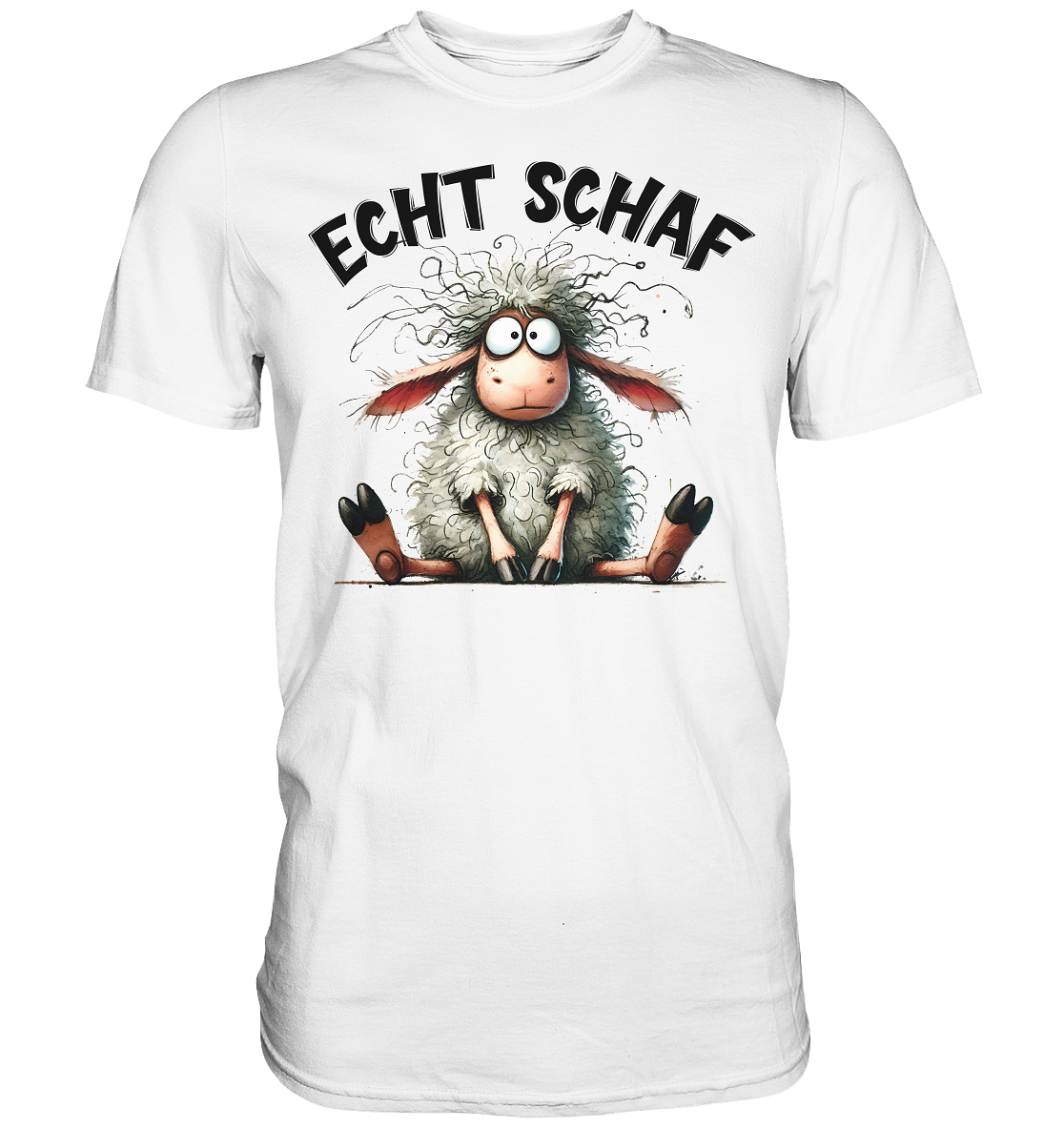 Weißes T-Shirt mit witzigem Schaf-Motiv und Wortspiel ‚Echt Schaf‘ , Vorderansicht