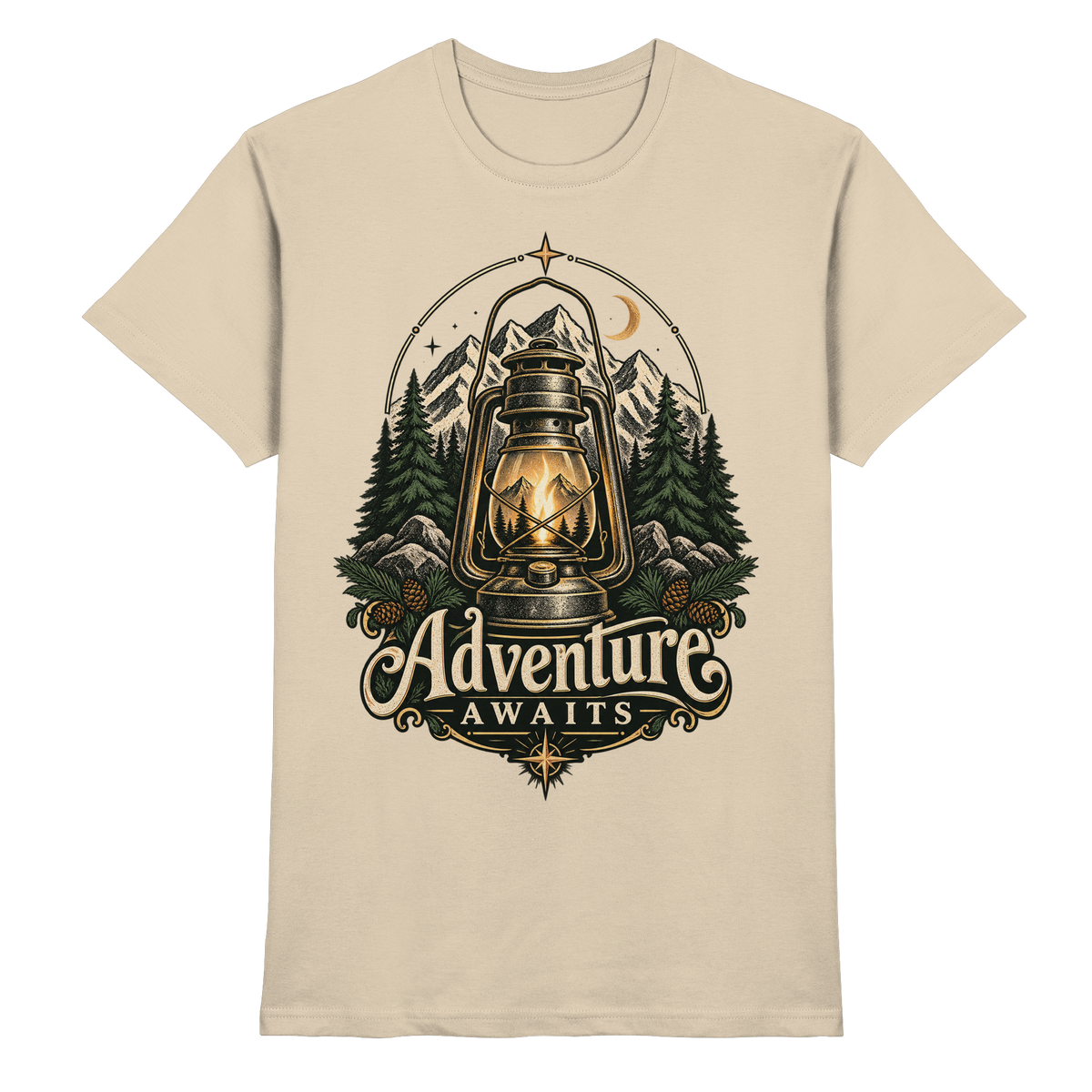 Adventure Awaits – Outdoor, Wandern & Berge T-Shirt sand Produktansicht