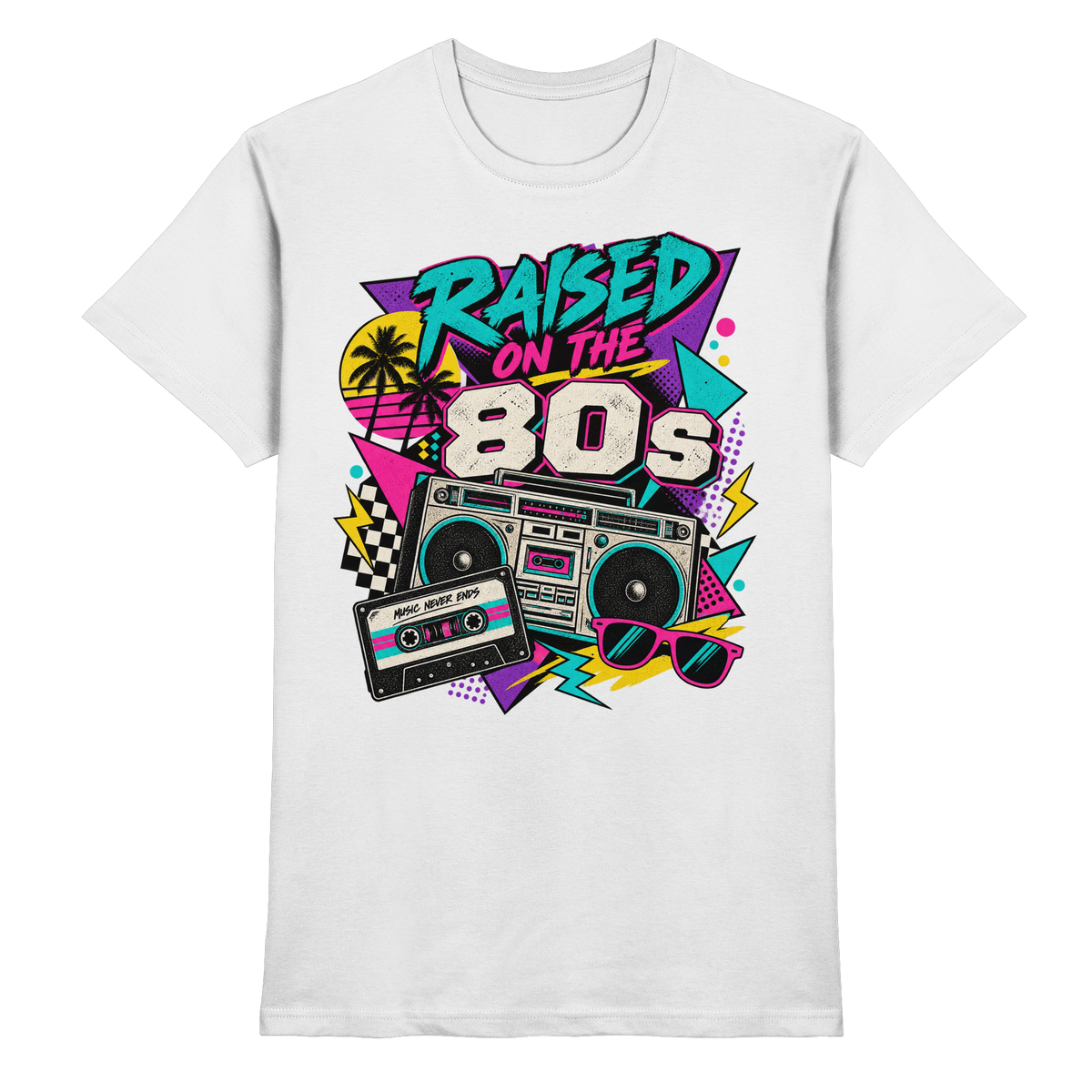 Raised on the 80s – Retro 80er Jahre T-Shirt weiß Produktansicht