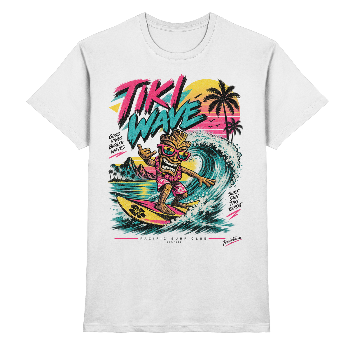 Weißes T-Shirt mit Surfender Tiki, türkisfarbene Welle und Palmen mit Tiki Wave