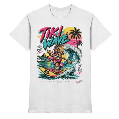 Weißes T-Shirt mit Surfender Tiki, türkisfarbene Welle und Palmen mit Tiki Wave