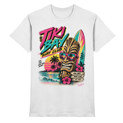 Weißes T-Shirt mit Tiki mit Sonnenbrille, Surfboards, Palmen und Tiki Bay Surf Club