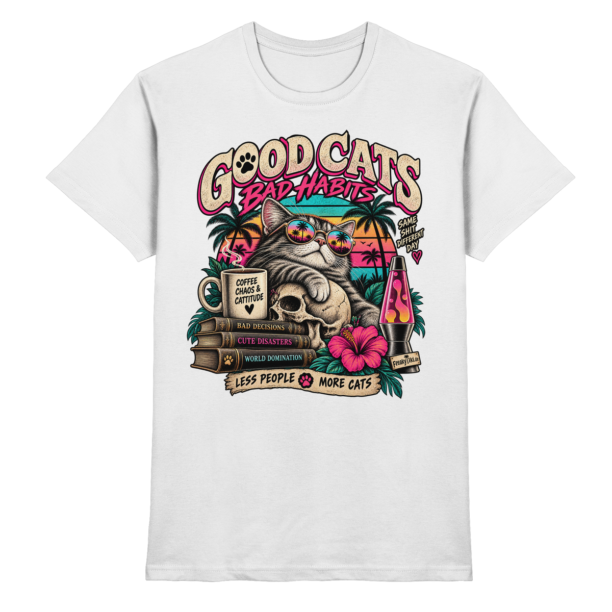 Good Cats, Bad Habits – Retro Cat T-Shirt weiß Produktansicht