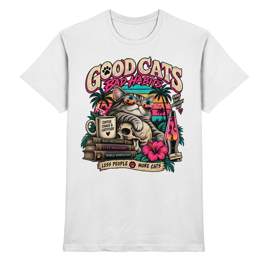 Good Cats, Bad Habits – Retro Cat T-Shirt weiß Produktansicht