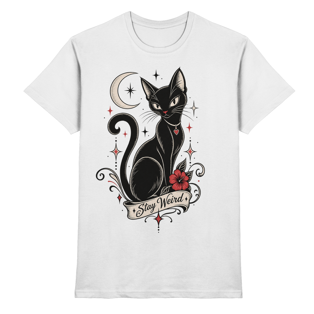 Stay Weird – schwarze Katze T-Shirt weiß Produktansicht