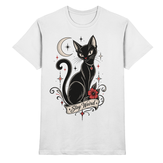 Stay Weird – schwarze Katze T-Shirt weiß Produktansicht