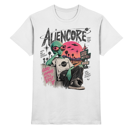 Weißes Aliencore T-Shirt mit Alien, Sonnenbrille, Palmen, UFOs und Schriftzug Good humans still exist