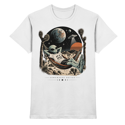 Weißes T-Shirt mit Alien in einer Hängematte zwischen Kakteen mit Planeten und Somewhere Better