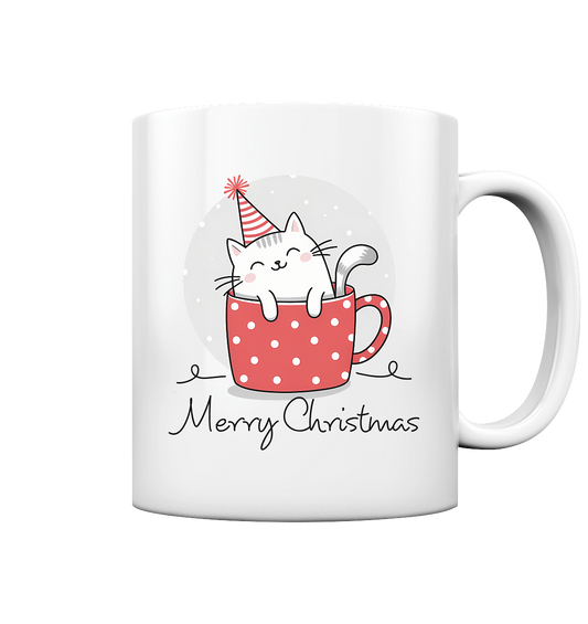Tasse mit grinsender Katze, die in einer roten Tasse sitzt. Schriftzug "Merry Christmas"