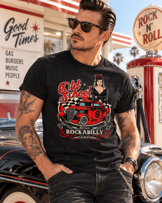 Old School Rockabilly Garage T-Shirt schwarz Lifestyle Foto