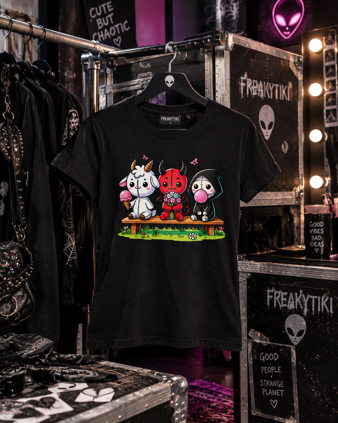 Schwarzes Creepy-Friends-T-Shirt mit Voodoo-Puppen auf einem Kleiderbügel im Laden