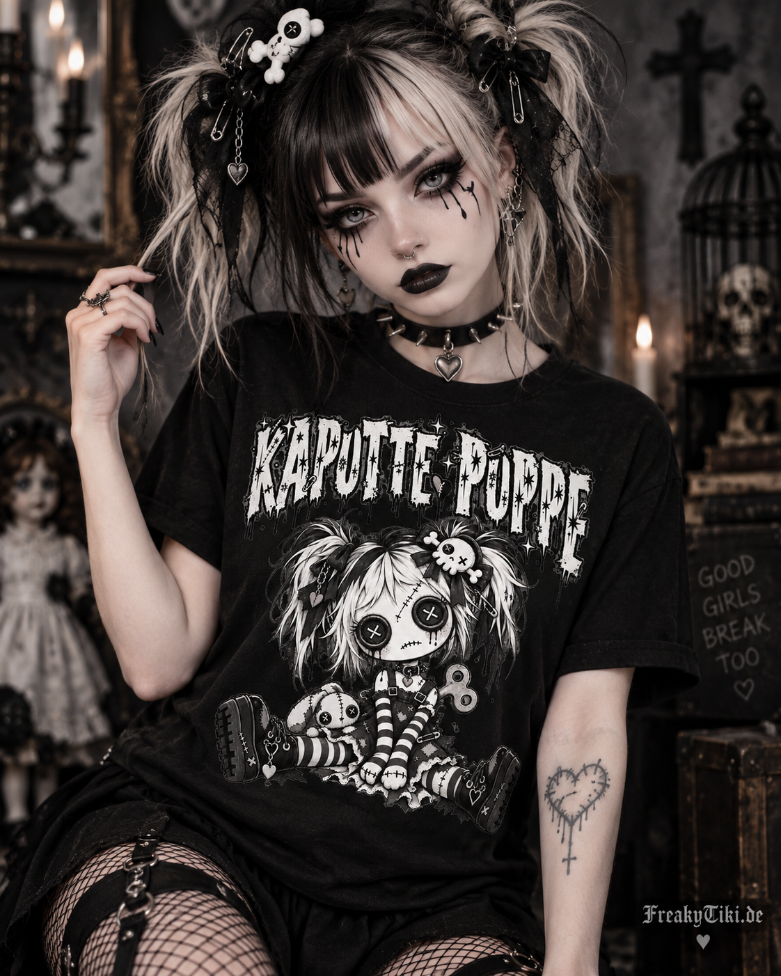 Creepy Doll Ladies T-Shirt Kaputte Puppe Horror Gothic am Model